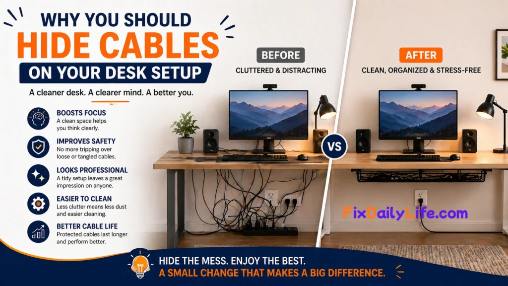 how to hide cables on desk before after